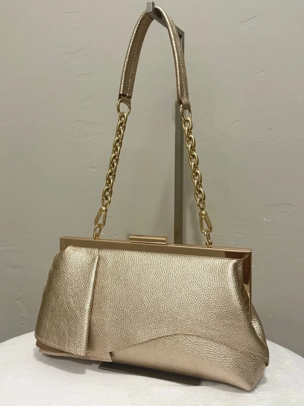 Gold Pebble Leather Handmade Asymmetrical Ruffles Push Lock Frame Bag